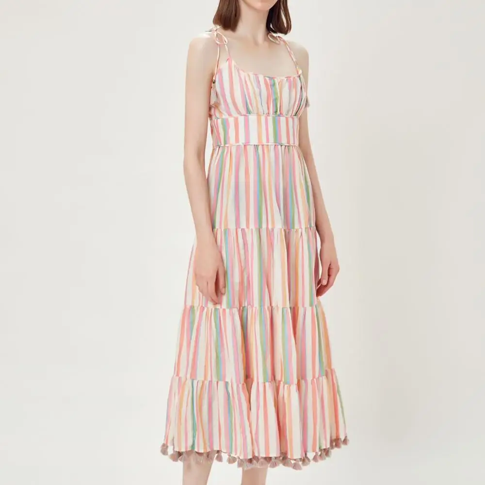 

2019 Summer Women's Dress Sexy Sling Strapless Bohemian Colour Striped Printed Tassels Hanging Spike Ladies Beach Long Dress