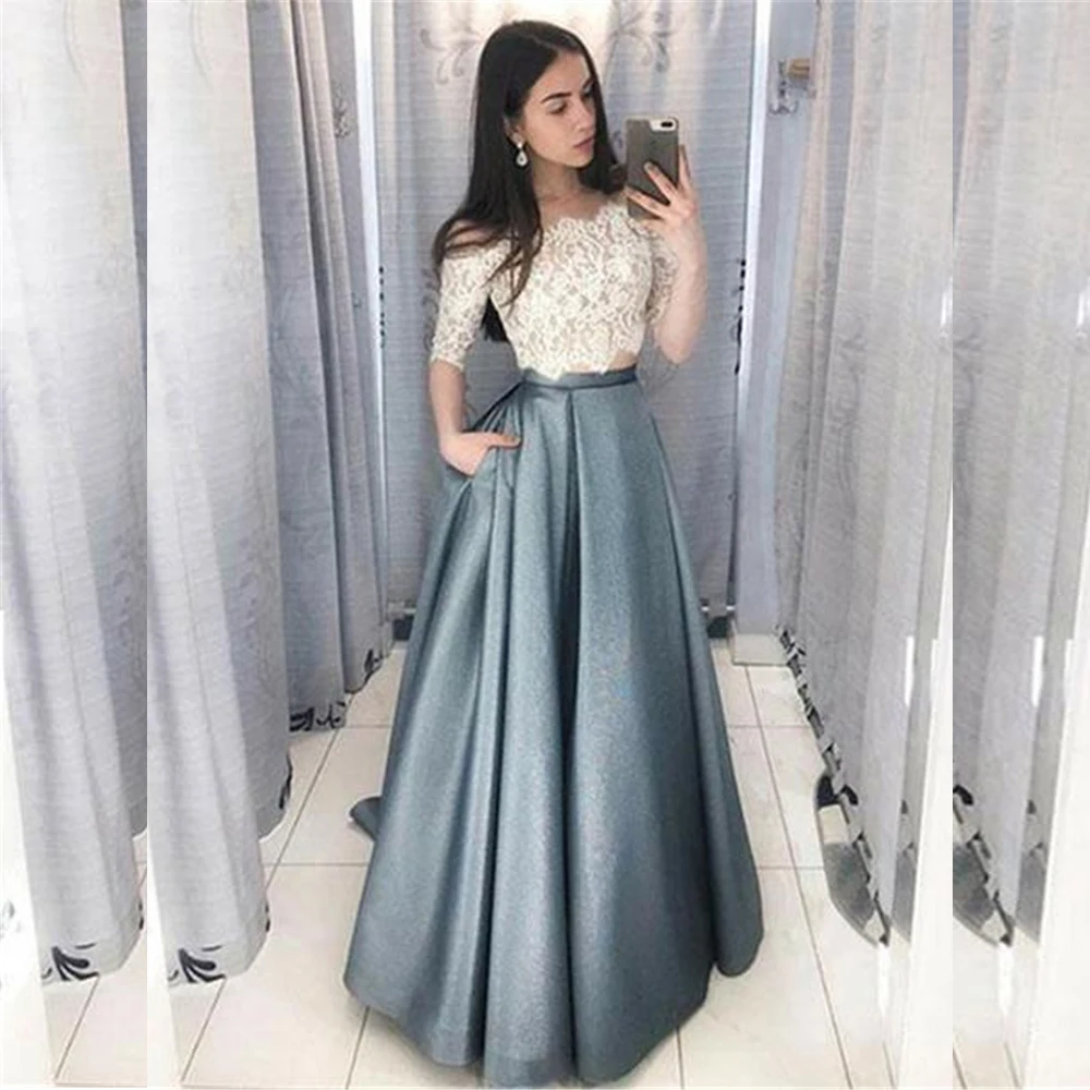 

Elegant Evening Dresses Long Lace Off The Shoulder Evening Dress A-Line Transparent Formal Party Gowns robe de soiree 2020