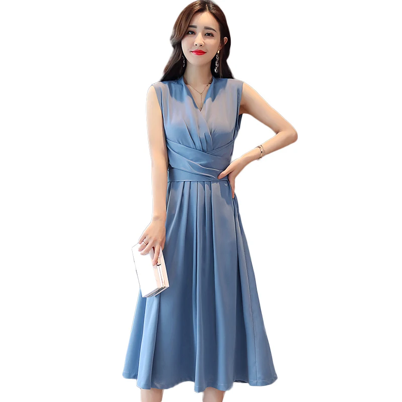 

2019 New Elegant Women Dress Big Size Draped Solid Fashion Casual Female Dress sleeveless Vest Party Long Sundress Dresses 1732