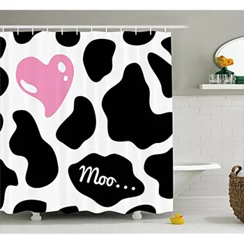 

Vixm Cow Print Shower Curtain Camouflage Hide Pattern in Black and White with Cute Pink Heart Shape Moo Fabric Bath Curtains