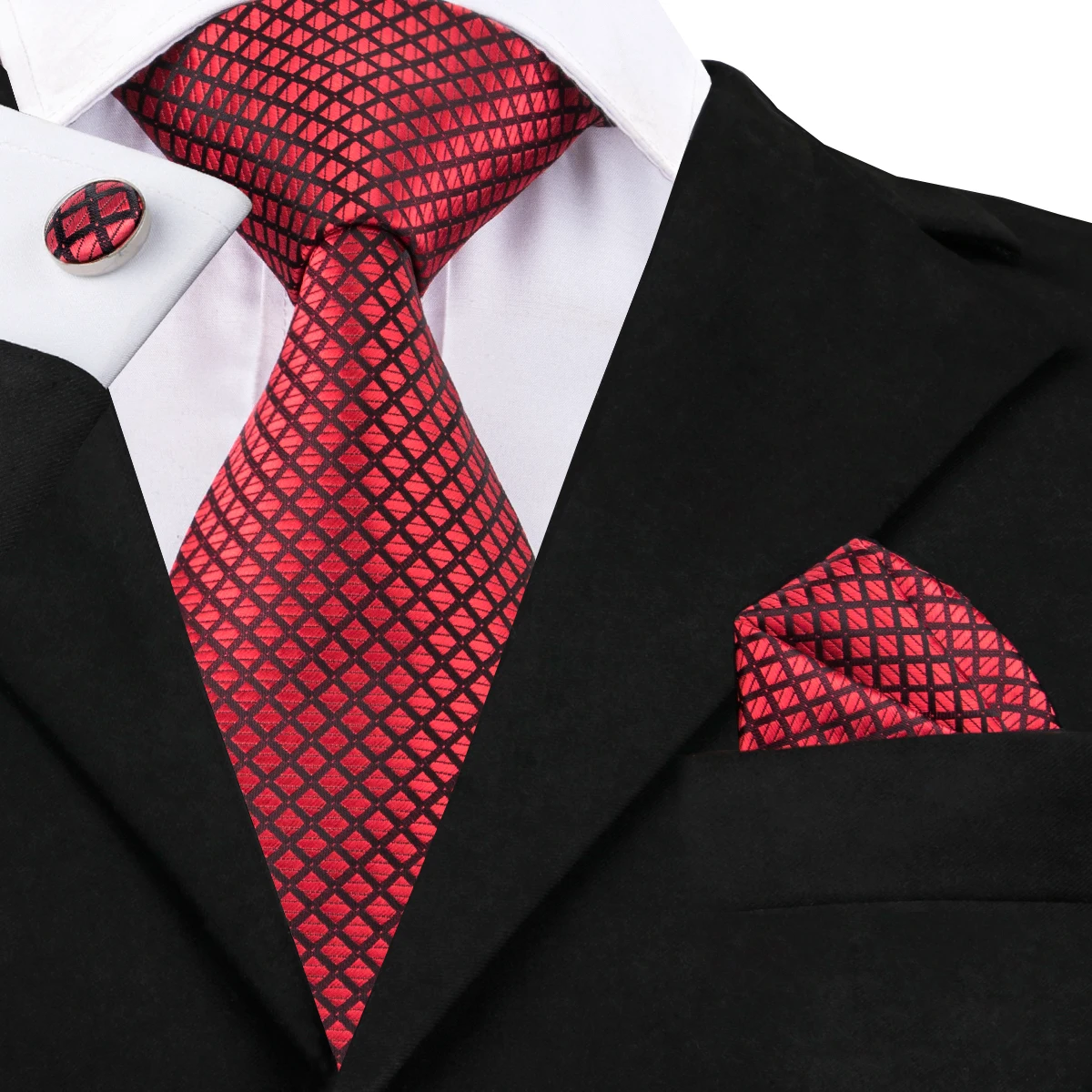 

C-1607 Hi-Tie Patchwork Red Tie Set Quality Hand-Made Silk Jacquard Woven Neck Tie Pocket Square Cufflinks Set for Men on Sale