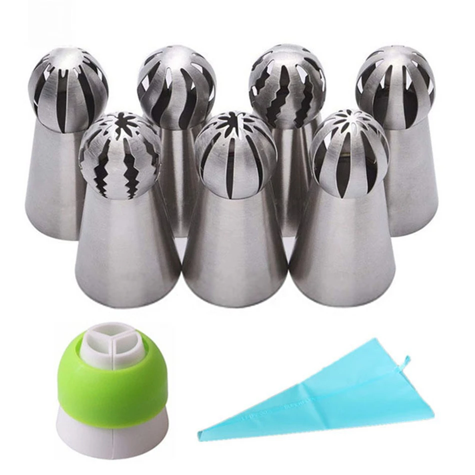 

4YANG 9PCS/Set Spherical Russian Piping Tips And Coupler Nozzle Tips Ball Nozzle Stainless Steel Icing Pastry Cupcake Decorator