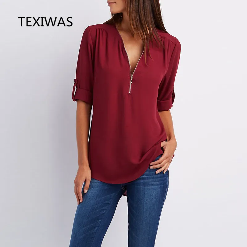 

TEXIWAS Street Sexy Spring Fashion Women blouse Tops pullover Loose Casual Chiffon Blouse Zip summer Shirts lady Plus Size 5XL