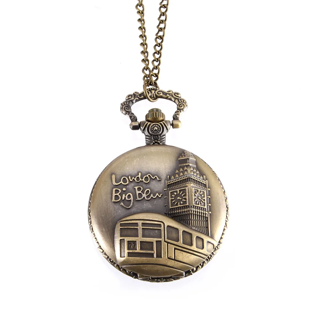 

Vintage Pocket Watch Bronze Color Quartz Watch Cool Chain Big Ben Pattern Watches TT@88