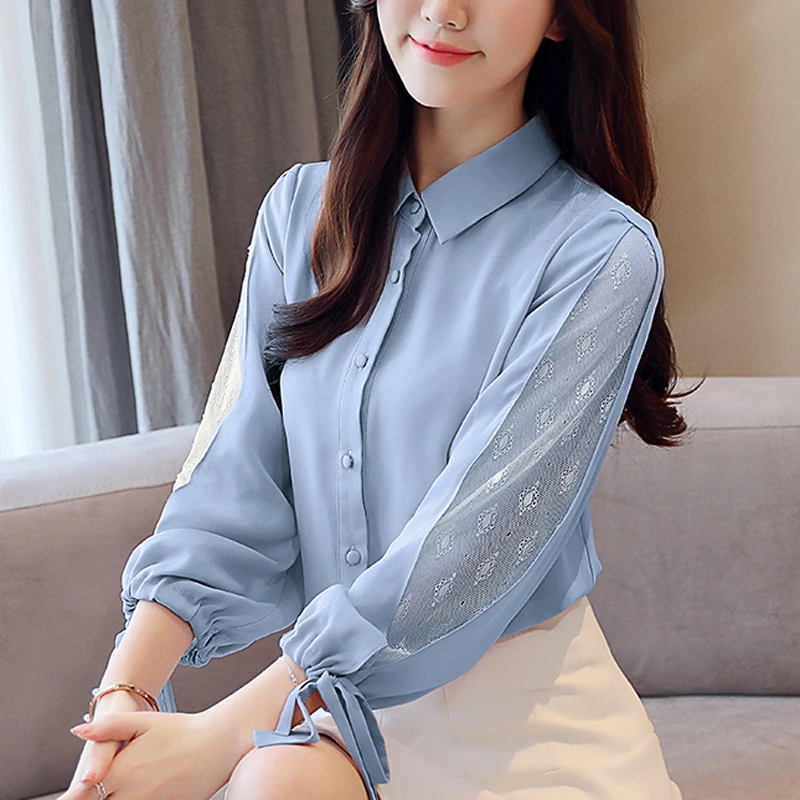 2019 spring new Korean chiffon shirt long-sleeved lace off-shoulder All-match Blouse Female