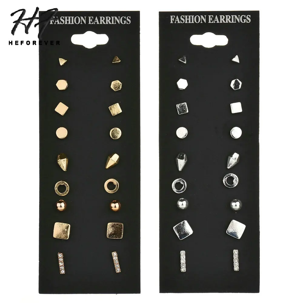 

Punk Gold Silver Color Alloy Geometric Stud Earrings for Women 9 Pair/Set Simple Earings Fashion Jewelry KB262 KB263