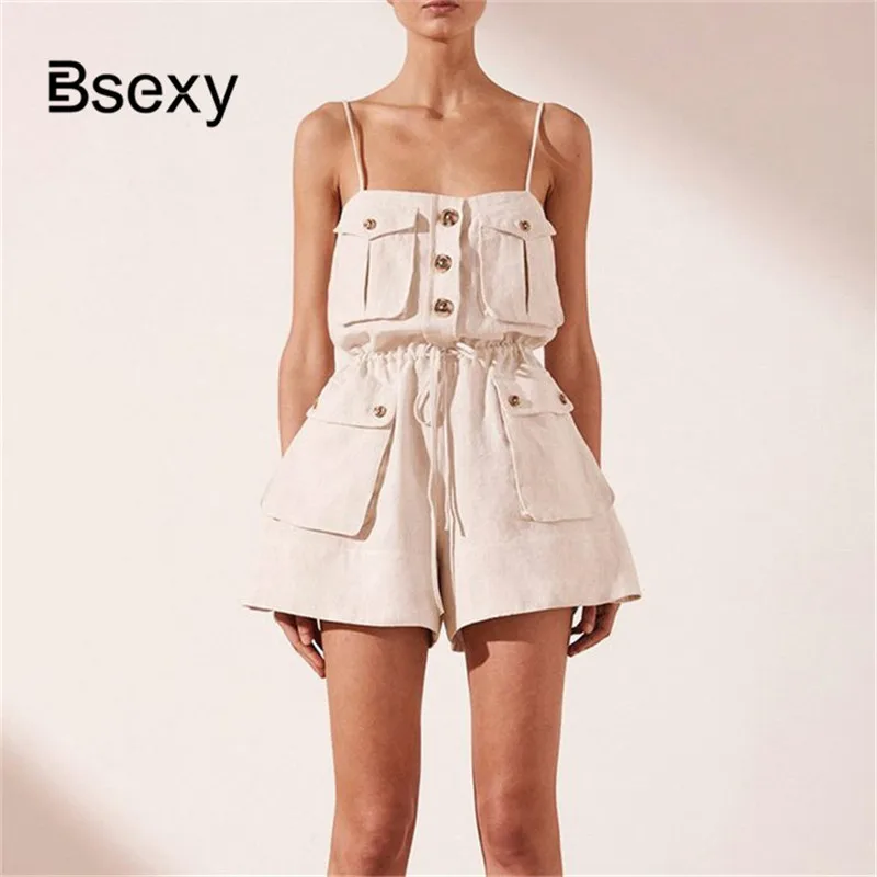 

Runway Brand Women Linen Playsuit 2019 Summer Sexy Backless Spaghetti Strap Short Pants Wide Legs jumpsuits Overalls body mujer