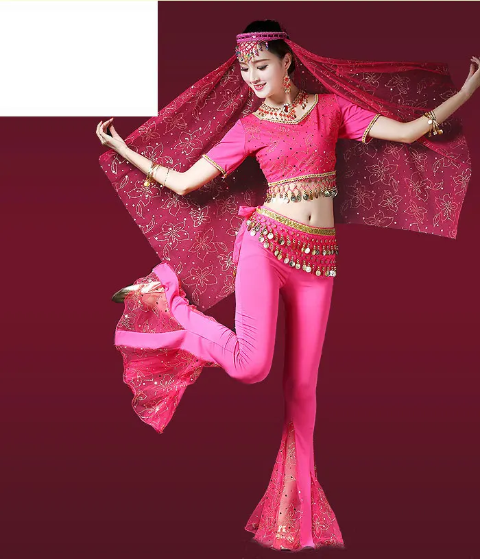 Танец живота костюм комплект индийский танец юбка для занятий Танцем Живота для женщин шифон 5 шт. (глава аксессуары, вуаль, топ, пояс, брюки)