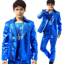 S-XXXL! DG right Zhi-Длинные костюмы панк заклепки pu кожаный костюм мужской певец синий DJ представление одежда кожаная куртка пальто