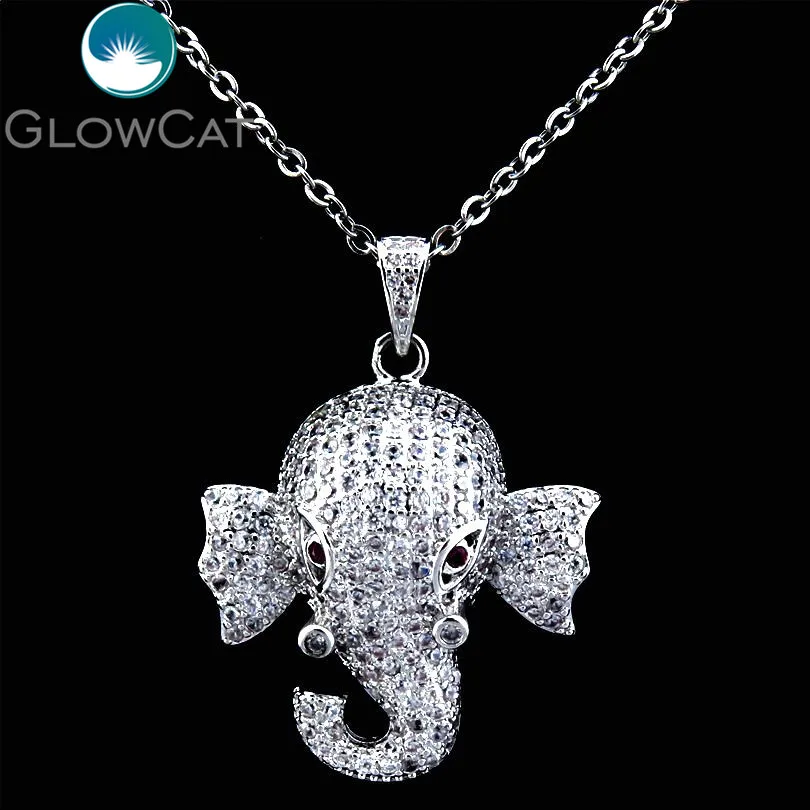 

GLOWCAT 21768 Lucky Elephant Head CZ Necklace Copper Full Cubic Zirconia Pendant Necklaces Unisex Women Girl Party Jewelry