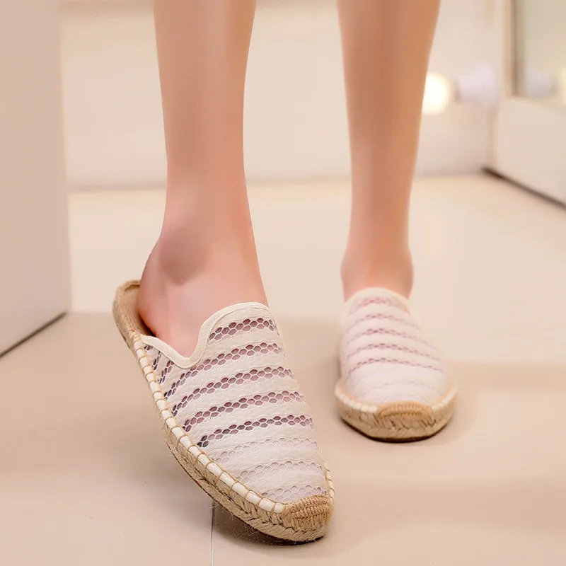 Women Half Slippers Espadrilles Lace Cut-outs Black Women's Sandals Wear Simple Slides Casual Ladies Mules Flat Fisherman Shoes  (2)