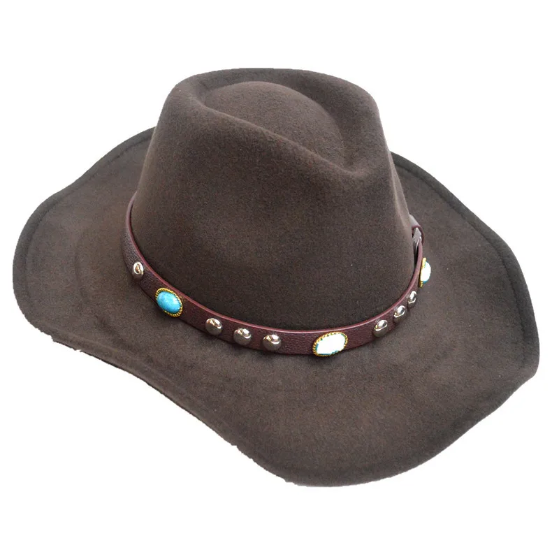 Модные осенне-зимняя одежда из шерсти фетровая шляпа с широкими полями для Для женщин Для мужчин Танцы шляпа Западной алмазный пояс ковбойская шляпа - Цвет: Коричневый