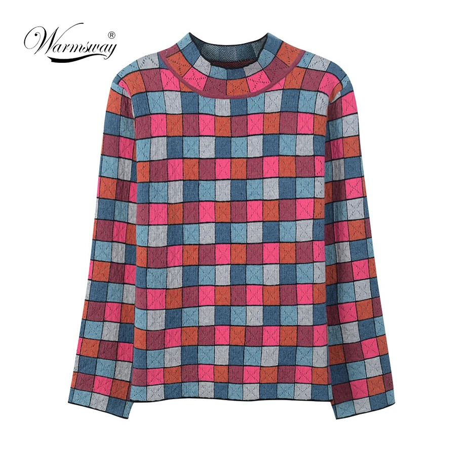Runway Designer Luxury Brand hit color turtleneck Sweater Long Sleeve Bright  Rainbow Plaid Knitted Pullover Pull Femme C-178