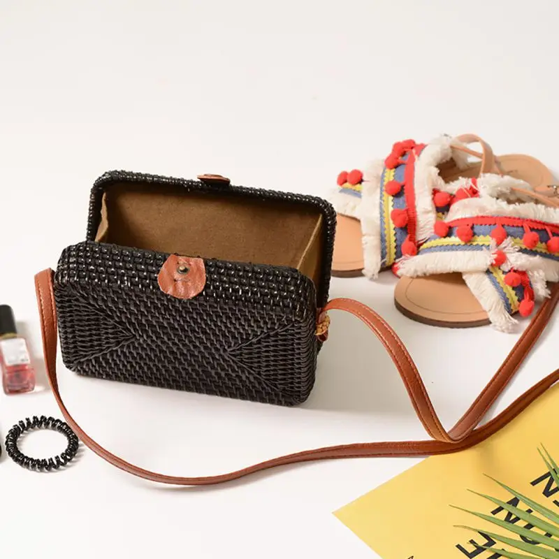 

Boho Rattan Women Crossbody Bag With Adjustable Genuine Strap Storage Bags Multi-purpose Makeup Organizer Toto Handbags