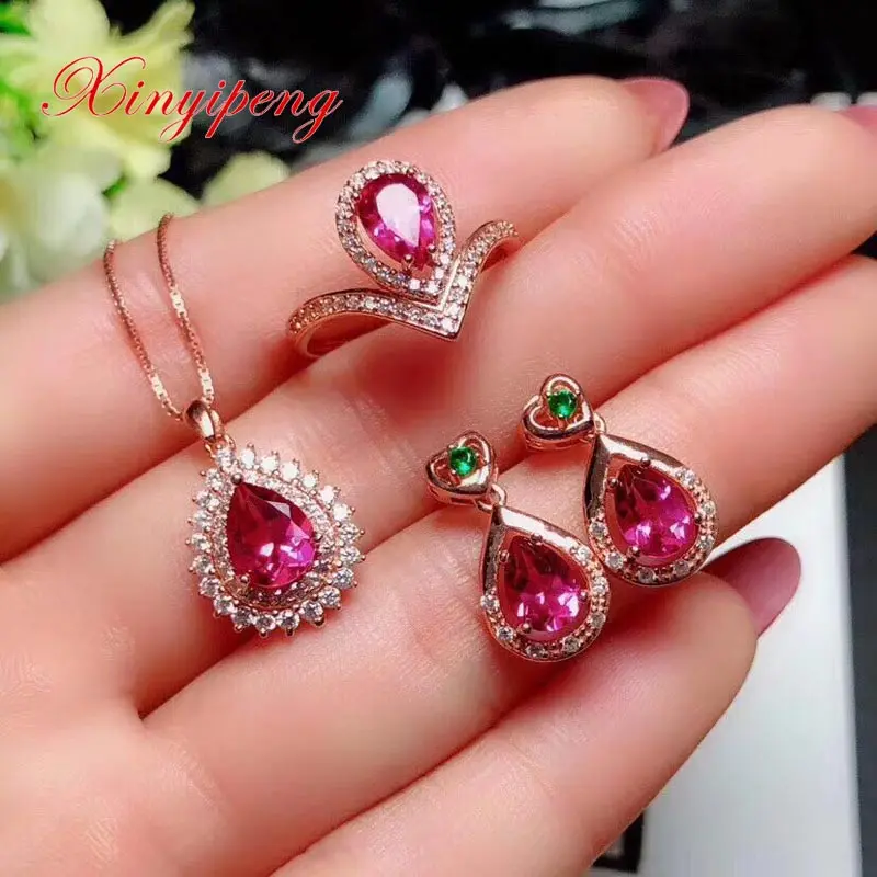 

Xin yi peng 925 silver plated gold inlaid natural topaz female jewelry suit for women jewelry fine jewelry S925