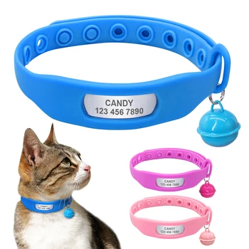 

Personalized Cat Collar Custom Engraved Cat Collars With Bell Adjustable Silicone Kitten Name ID Collar For Puppy Chihuahua Cats