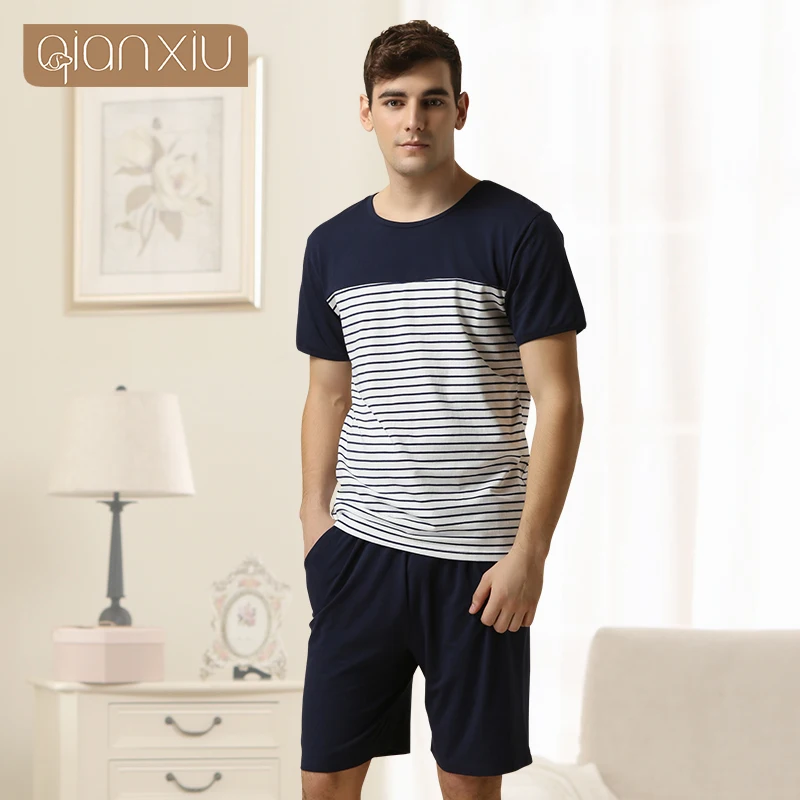 Qianxiu Casual Pajama Set For Men Summer Suit Knitted Cotton Sleepwearpajama setsmen cotton