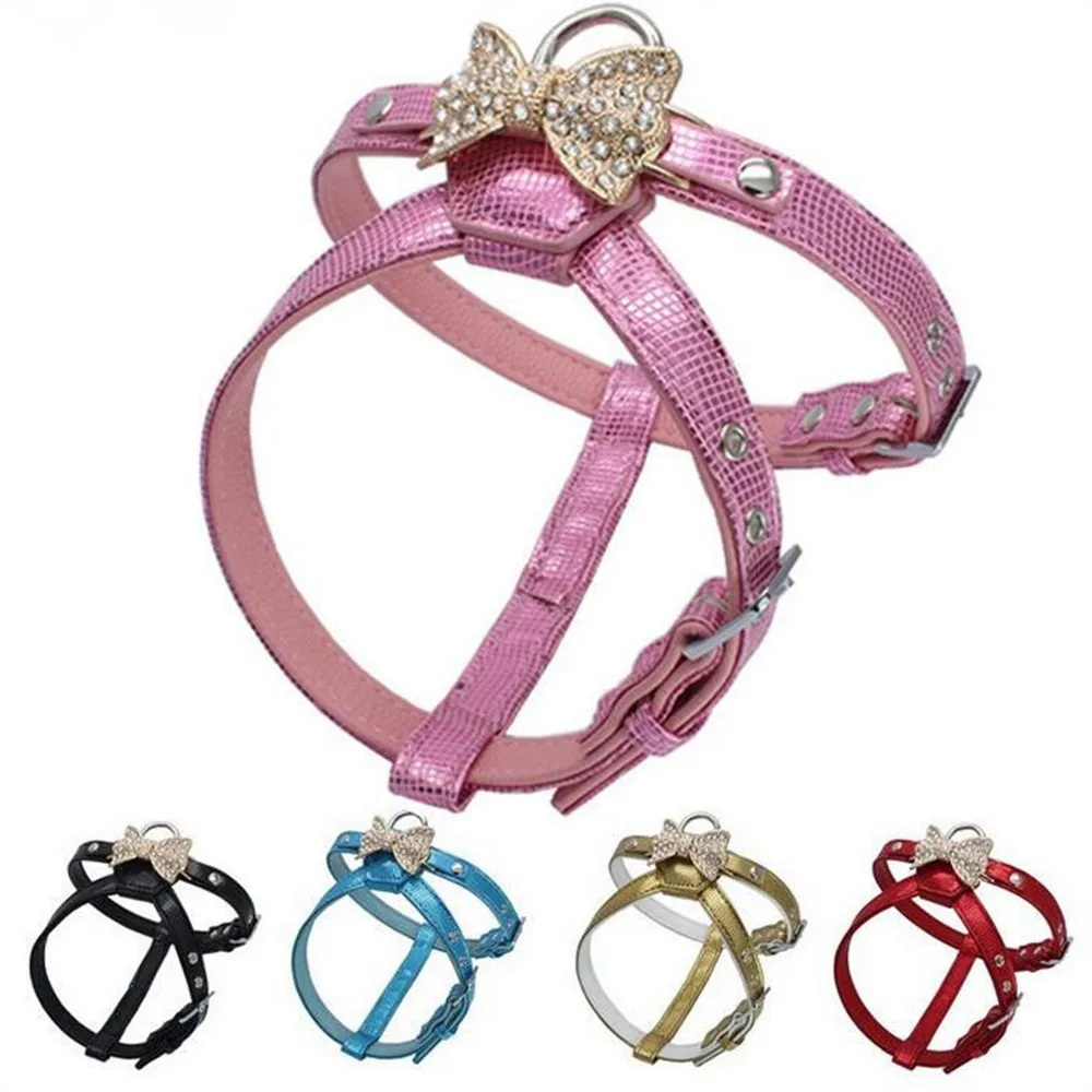 Rhinestones Pet Dog Harness Leash Set Bling Bow Tie Adjustable Solid