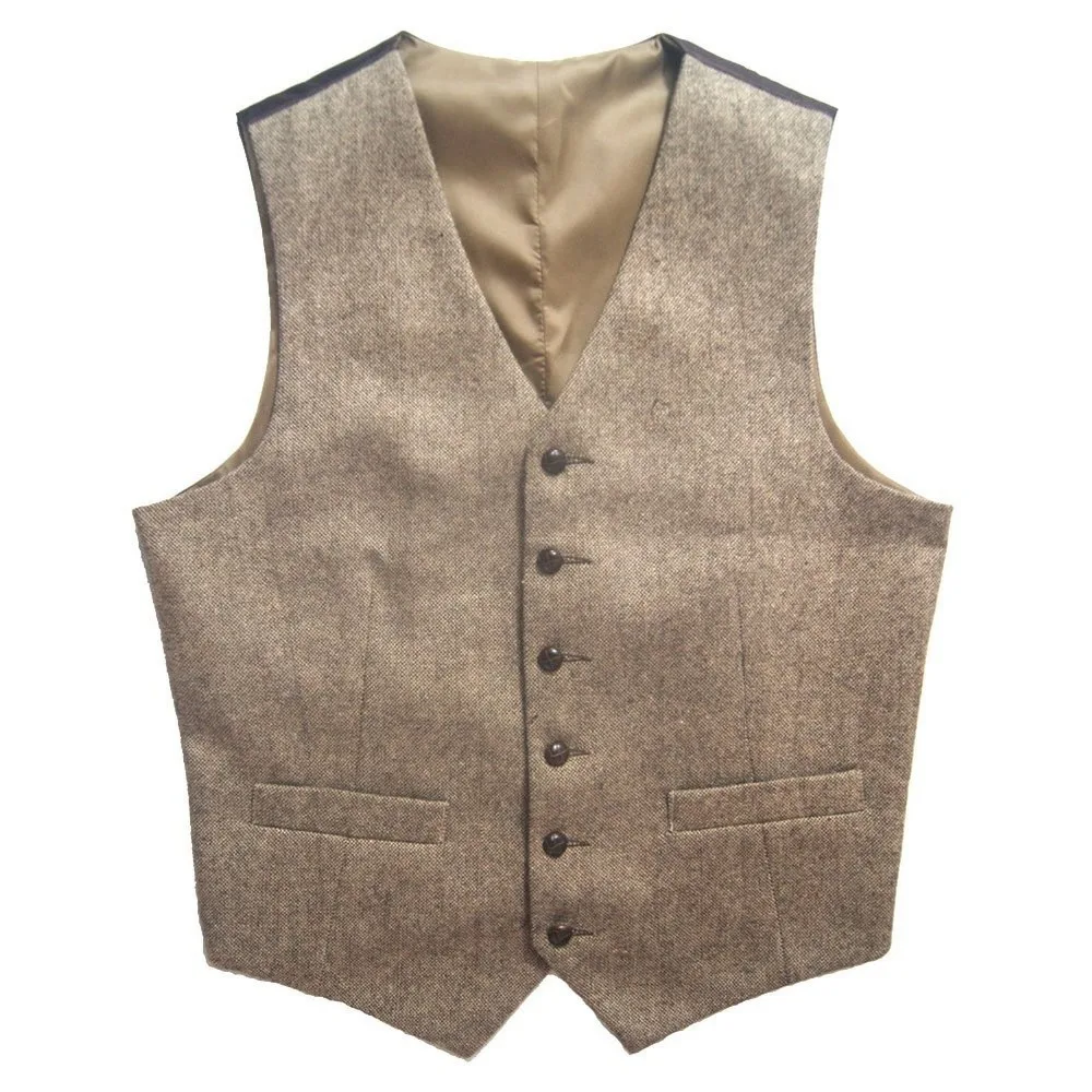 2016 Tweed Vintage Rustic Wedding Vest Brown with Leather