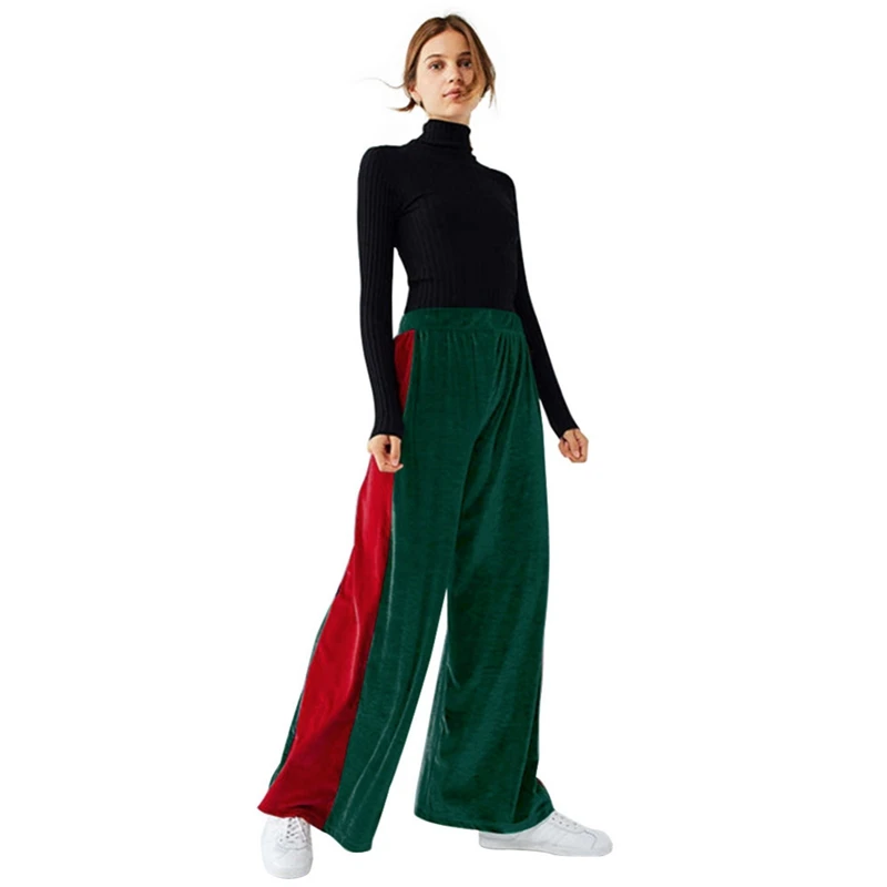 

Women Summer Long Pant Casual Style Side Red Striped Stitching Wide Leg Pants Green Blue High Waist Simple Loose Trousers 2019