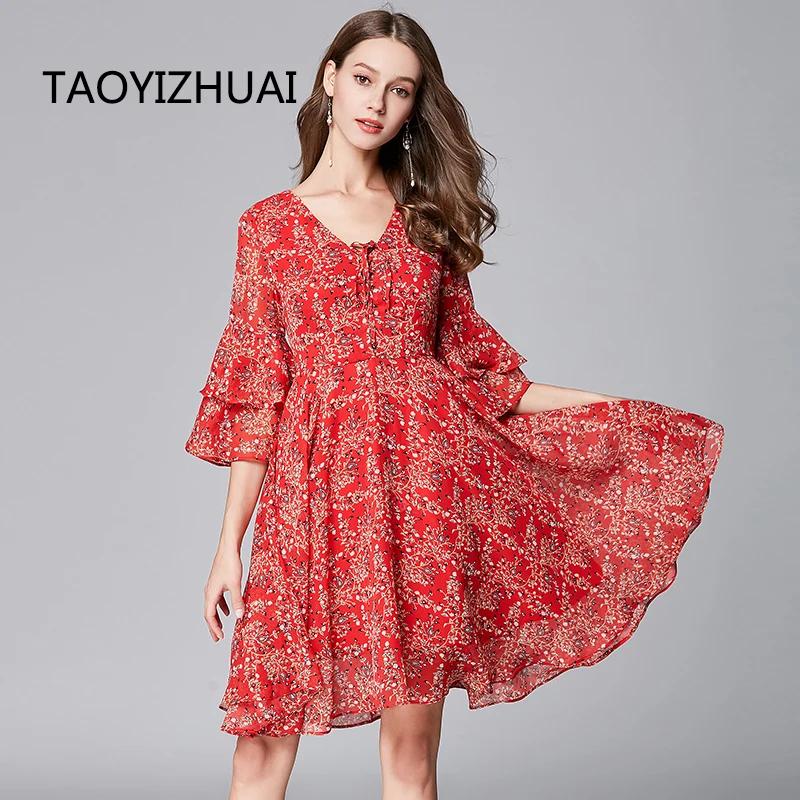 Женское платье с рукавом бабочкой TAOYIZHUAI красное Повседневное V образным вырезом