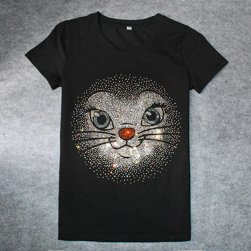 

Hot Sale 2018 Summer Tees Wholesale Short Sleeve Design Women t-shirt Cartoon Cat Shining Rhinestone O-neck ladies woman t-shirt