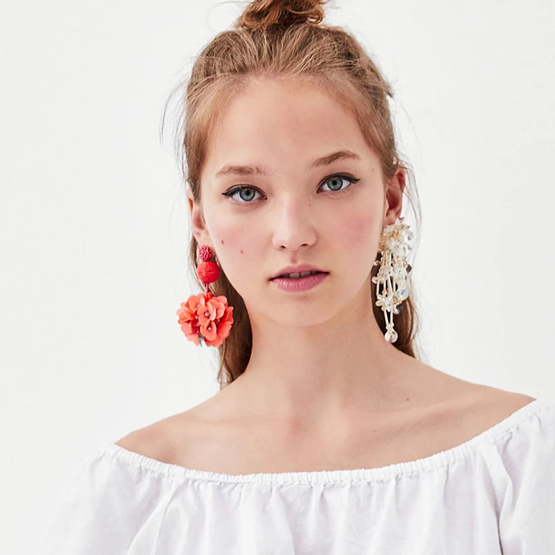 

FASHIONSNOOPS Candy Color paillette Flowers Long Earrings for Women Fashion Bohemian Statement Big Drop Earrings Wedding Jewelry