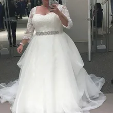 Красивого размера плюс Линия Свадебные платья с рукавами кружева аппликации бисером Sash сад пляж свадебные платья robe de mariee