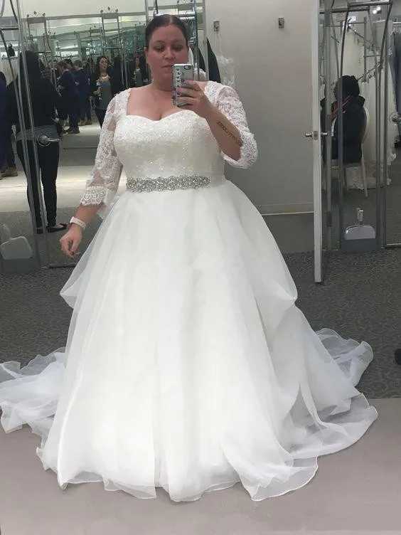 

Beautiful Plus Size A Line Wedding Dresses With Sleeves Lace Appliques Beaded Sash Garden Beach Bridal Gowns robe de mariee