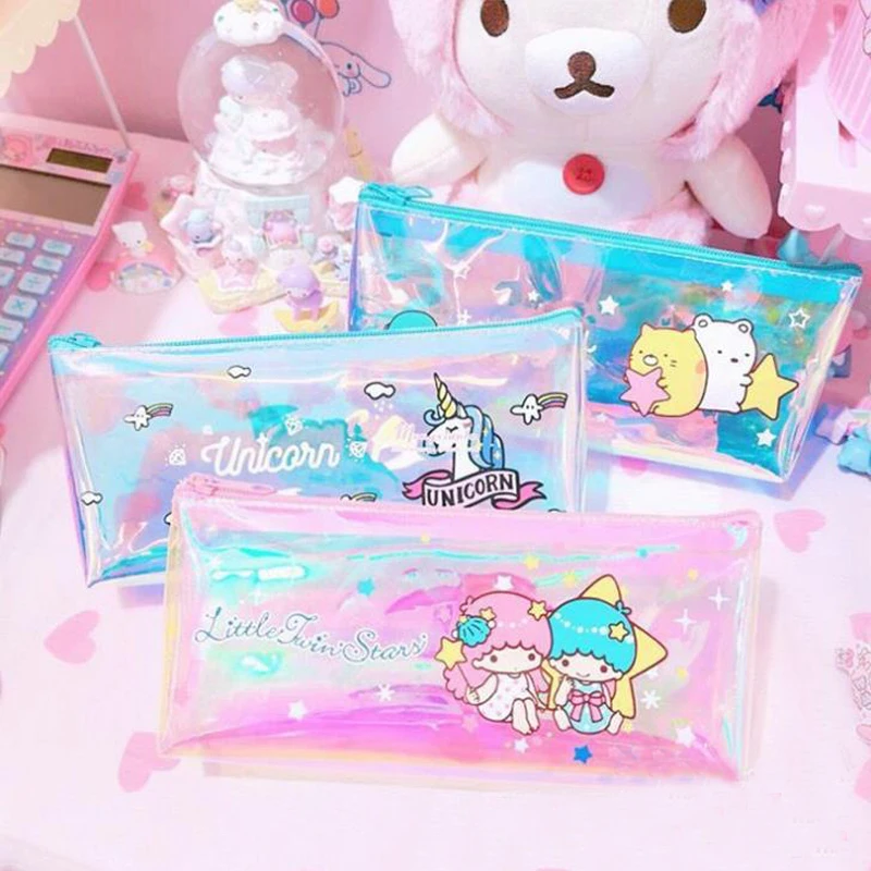 

1 Pcs Cartoon Unicorn Twin Star Sumikko Gurashi Transparent Colorful Laser Pencil Case Large Capacity Pencil Bags Stationery