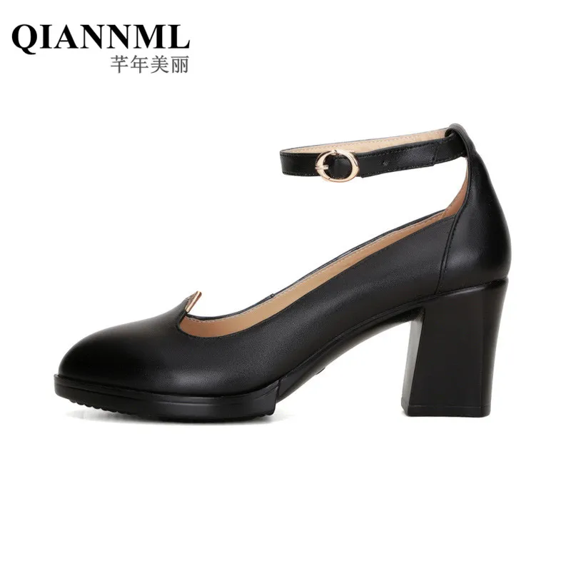 

New 2018 Spring Summer Women's Genuine Leather Shoes Women Shallow Ankle Buckle Platform Office shoes Size 40