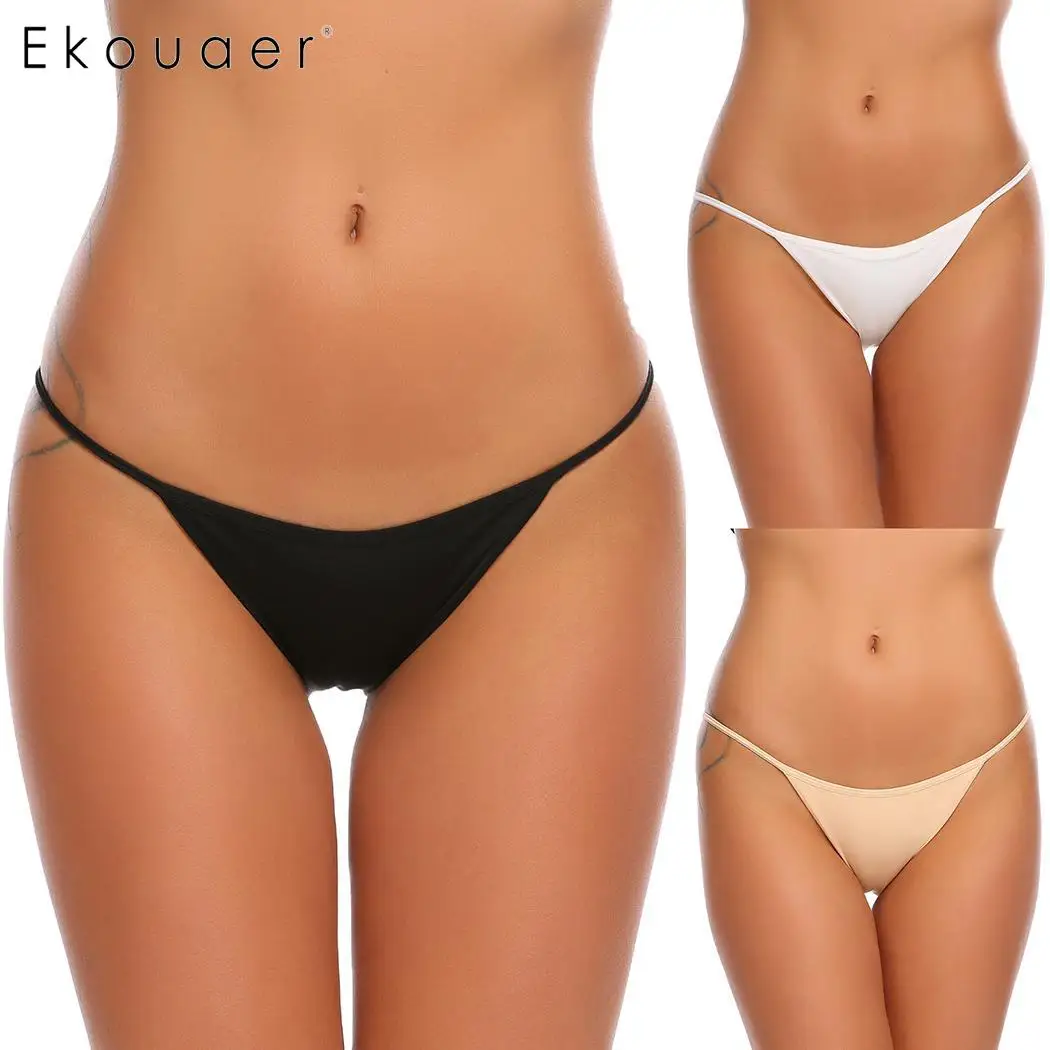 Ekouaer 3Pcs/Set Women Panties Sexy Solid Sleepwear Nightwear Lingerie Low Waist Sleek String Bikini Underwear Female Panty