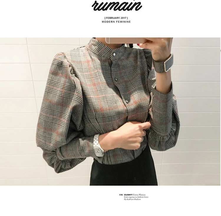 JSXDHK New Fashion Autumn Woemn Blouse Office Lady Plaid Long Lantern Sleeve Formal Back Bow Stand Collar Shirt Tops