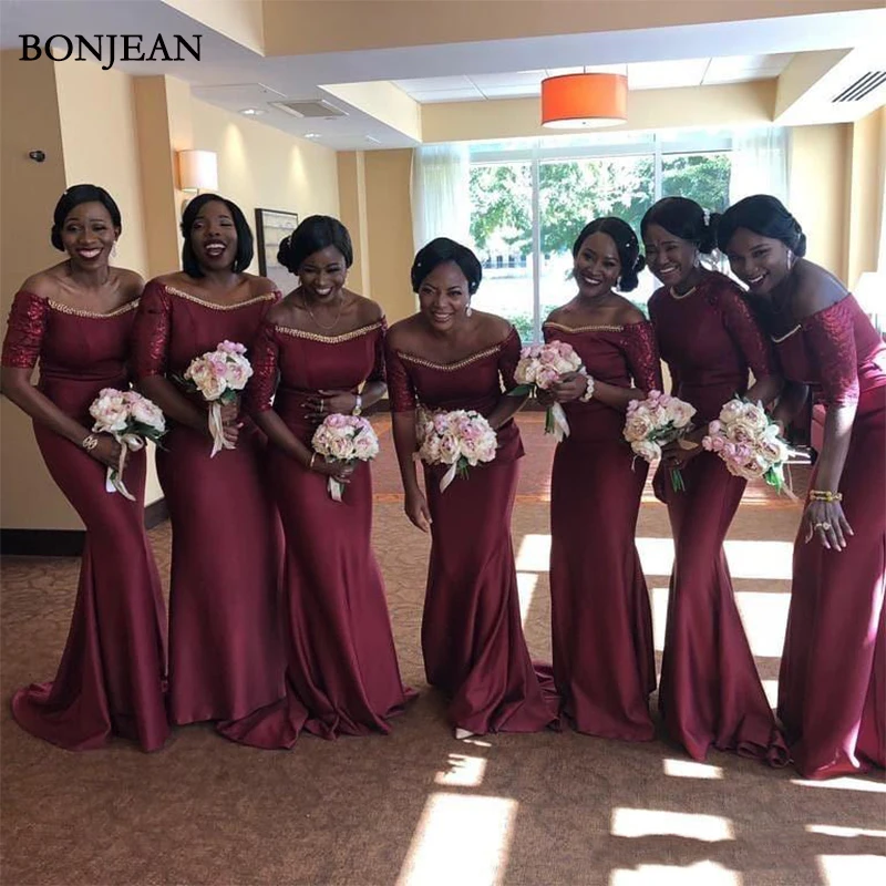 

Gorgeous South Africa Burgundy Long Bridesmaid Dresses Ruffled Off shoulder Arabic Garden Wedding Guest Maid of Honor Dresses