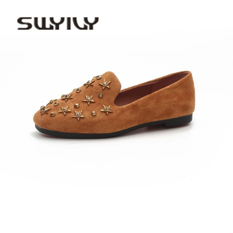SWYIVY Woman Flats Loafers Shoes Rivet Autumn Lady Casual Shoes Shallow Mouth Comfortable Female Retro Yellow Flats 40 Big Size