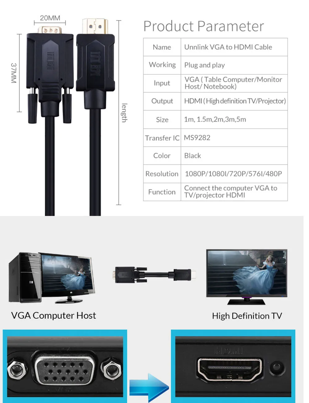 Unnlink преобразователь из VGA в HDMI кабель 2 м 3 м 5 М адаптер с 3,5 разъемом aux аудио кабель FHD 1080 P@ 60 Гц для компьютера светодиодный ТВ проектор