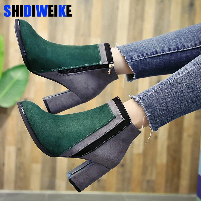 

Botas mujer 2019 newest mixed color ankle boots women thick high heels Chelsea boots ladies patchwork winter martin boots N176