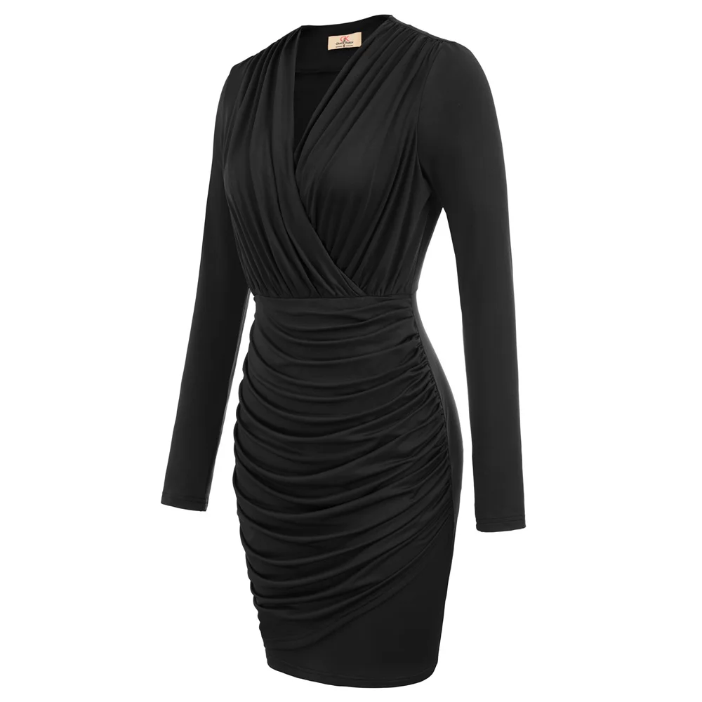 

Pencil Dress Casual Party Evening Comfortable Ladies Elegant V-Neck Pleated Hips-Wrapped Long Sleeves Clothing