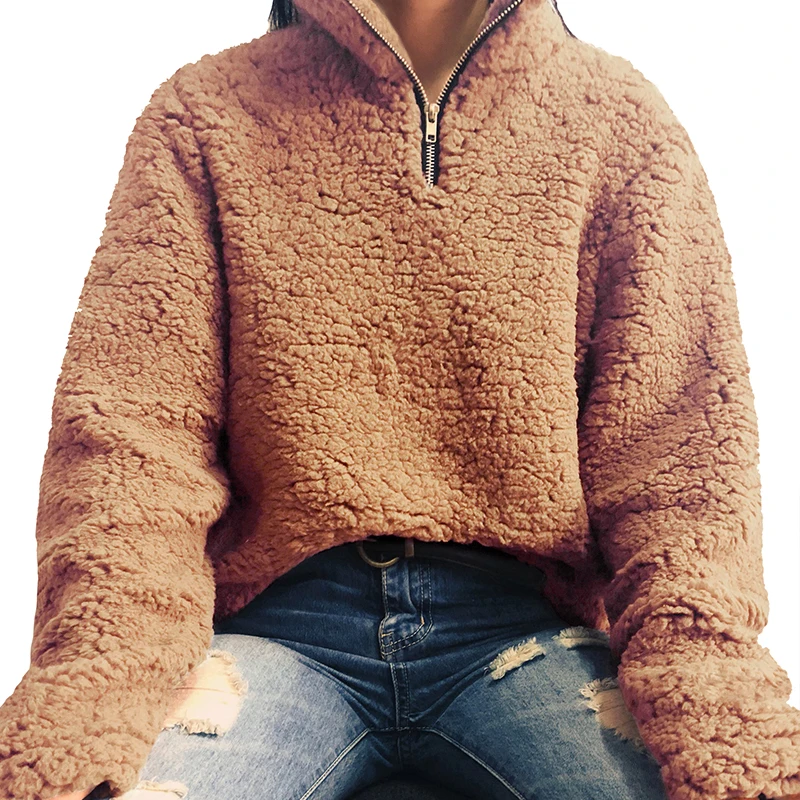 Модное женское плюшевое пальто на осень и зиму, однотонные толстовки из овечьего меха с длинным рукавом и стоячим воротником на молнии, однотонные пуловеры, Теплые Топы