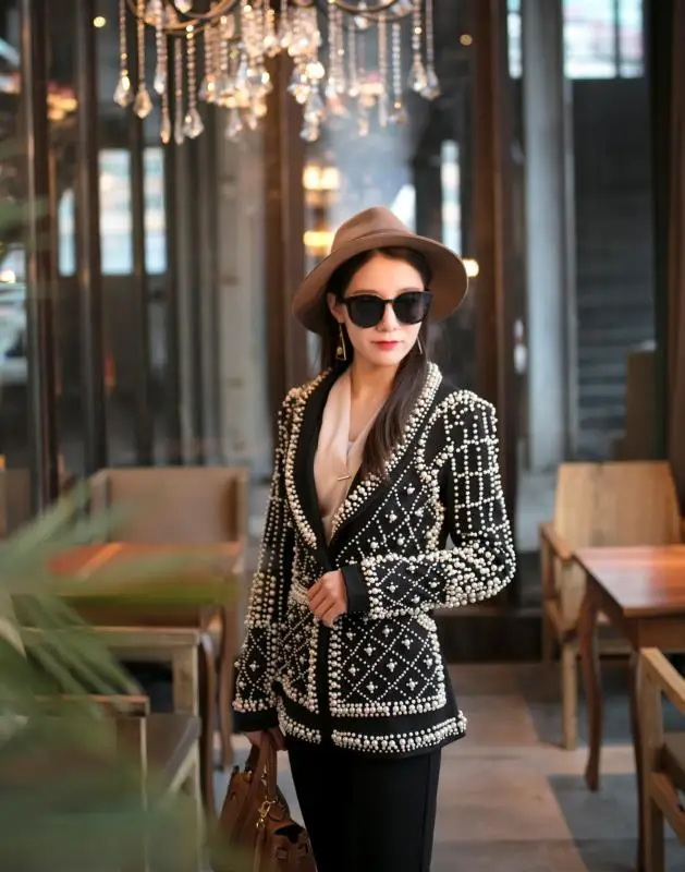 KoHuiJoo модный вышитый бисером блейзер для женщин Высокое качество Тонкий длинный рукав дизайнер Подиум Блейзер Пальто Женская верхняя одежда черный