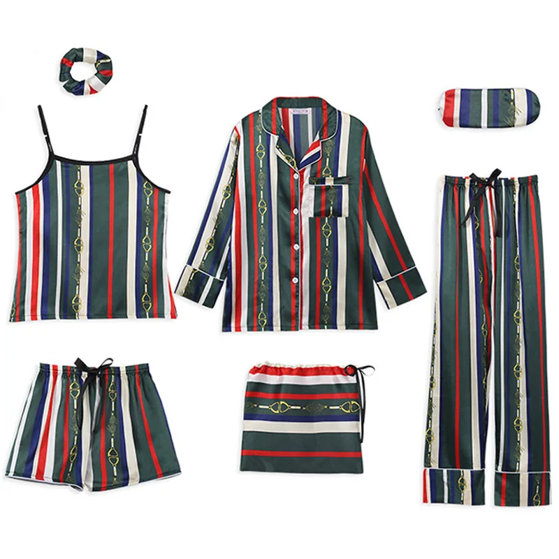 

2019 Women Pajamas Spring autumn 7 Pcs Set Silk Elegant Printed Shorts Long Sleeve Top Elastic Waist Pants Lounge Sleepwear Pant