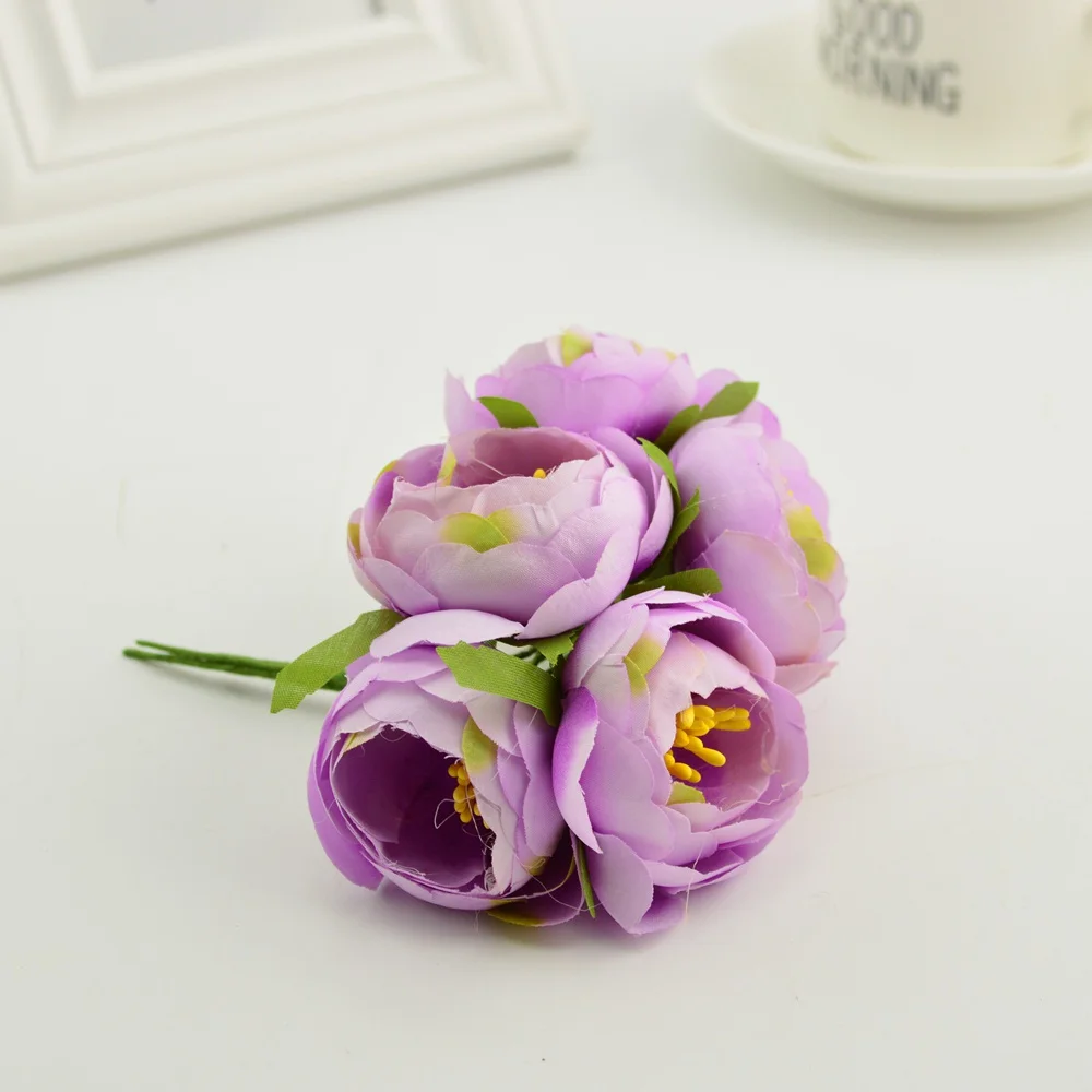 6 шт. Шелковый небольшой чайный бутон розы искусственный цветок букет тычинки для дома Свадебное Украшение diy ВЕНОК одежда шляпы аксессуары - Цвет: light purple