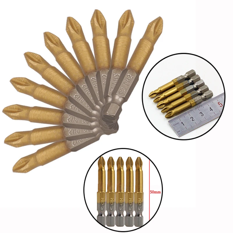 

10PCS 1/4" PH2 50mm Hex Shank Anti Slip Electric Screwdriver Bits Titanium Coated Screwdriver Bits Repair Hand Tool Bits Set