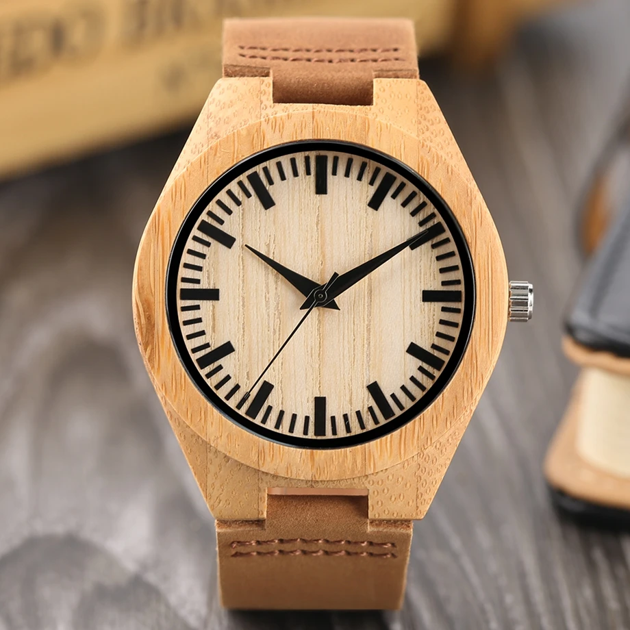 YISUYA Men Bamboo Watches Brown Natural Genuine Leather Strap Wooden Wrist Watch Quartz Clock Watch Casual for Women Best Gift (7)