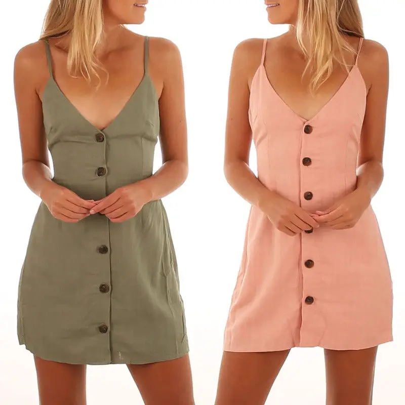 

Newly Fashion Sweet Summer Dress Women Ladies Sundress Sleeveless V-Neck Solid Button Straight Mini Dress 2 Style Size S-XL