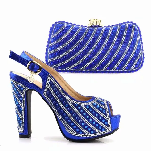 

Latest Royal blue Color African Matching Shoes and Bags Italian In Women Italian Ladies Shoes and Bag Set Decorated with Crystal