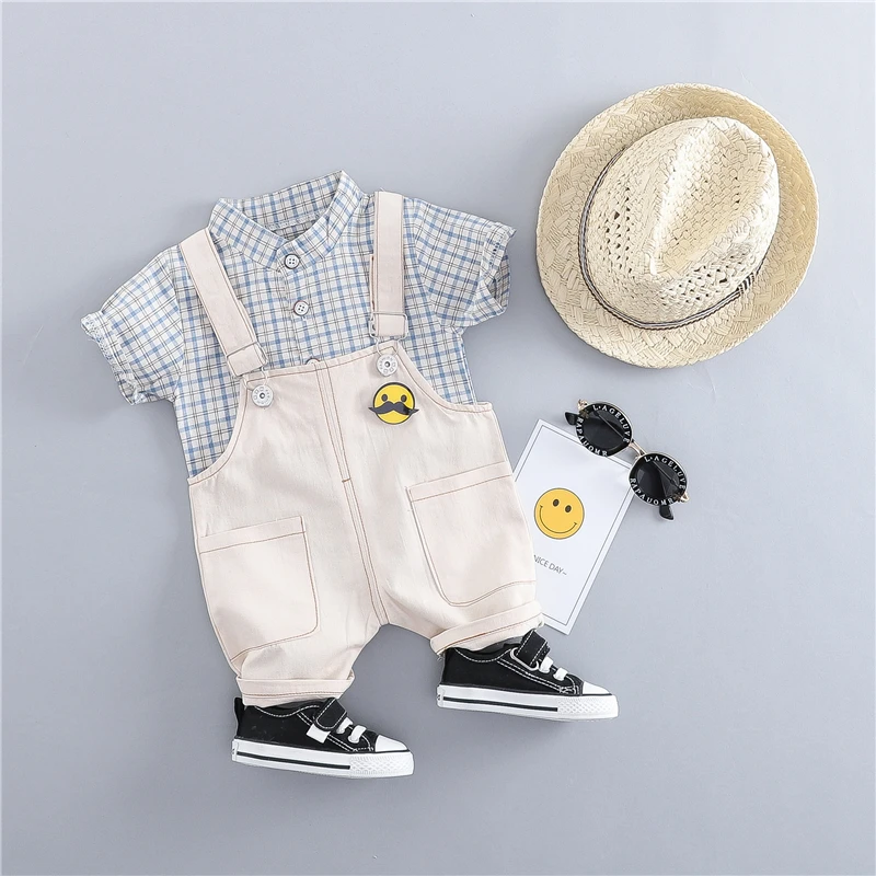 

HYLKIDHUOSE 2019 Summer Toddler Infant Clothing Suits Baby Boys Clothes Sets Beard Plaid Shirt Bib Pants Kids Children Costume