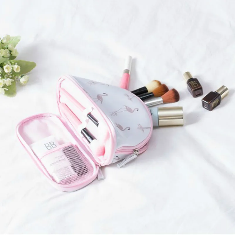 

Printing Flamingo Cosmetic Bag Double Layer Travel Makeup Pouch Case Circular Zipper Make Up Bag for Cosmetic Brush