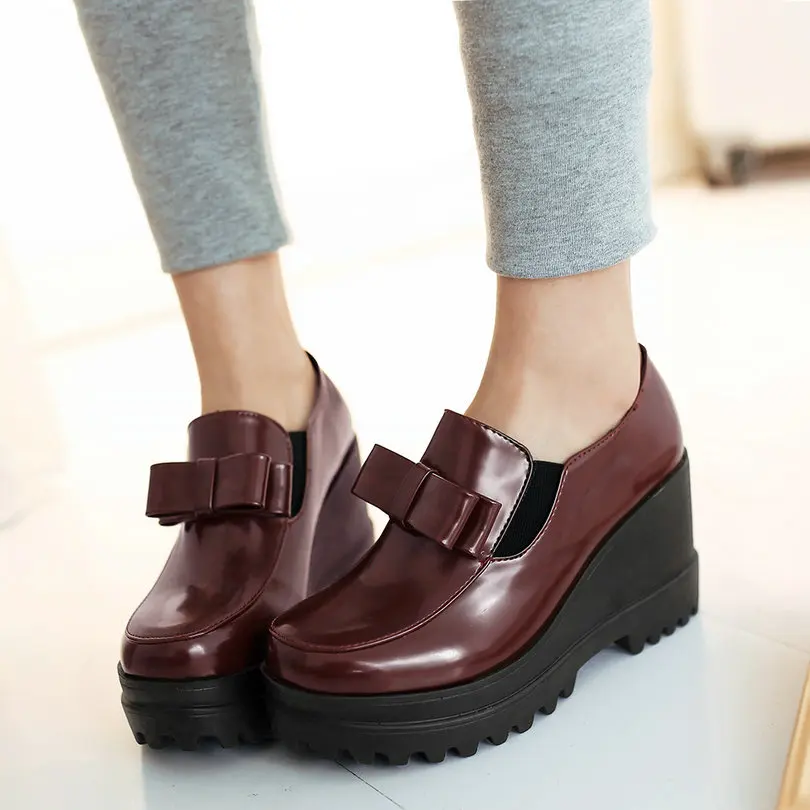 

Size 34-39 Spring Autumn Ladies Shoes Bow Tie Round Toe Square High Heel Platform PU leather Women Pumps Shoes Colour Burgundy