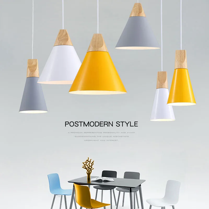 Online Luces colgantes de metal de madera colorido E27 led lámpara colgante 7 colores diseño nórdico luces colgantes decoración de comedor cuerda luz led